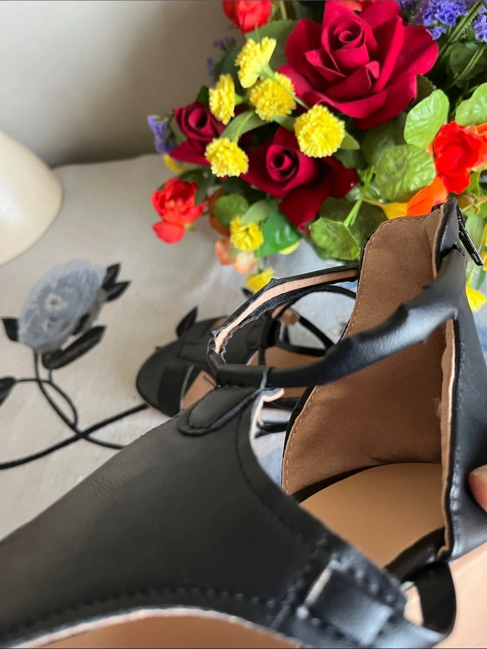 Women's Black Ankle-Strap Low Wedge Sandals